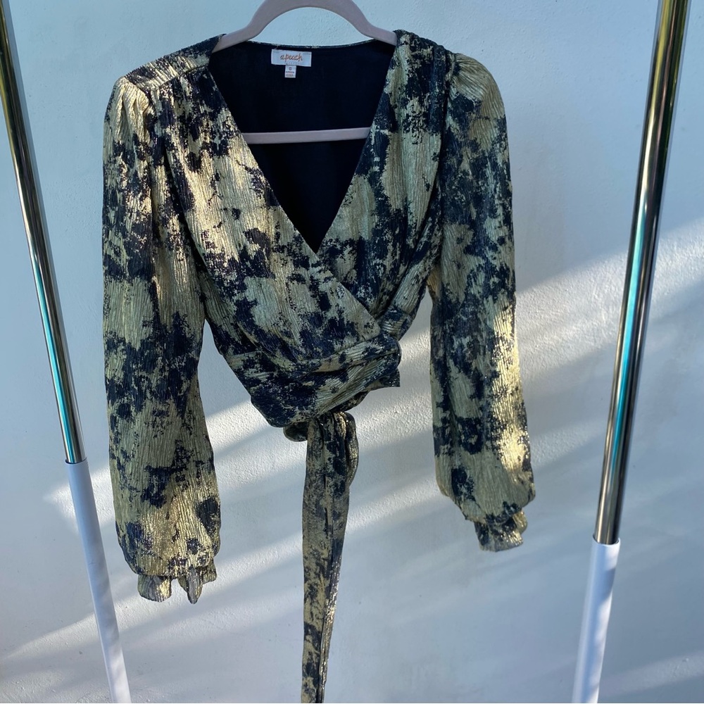 Black & Gold Metallic Wrap Blouse Size Small